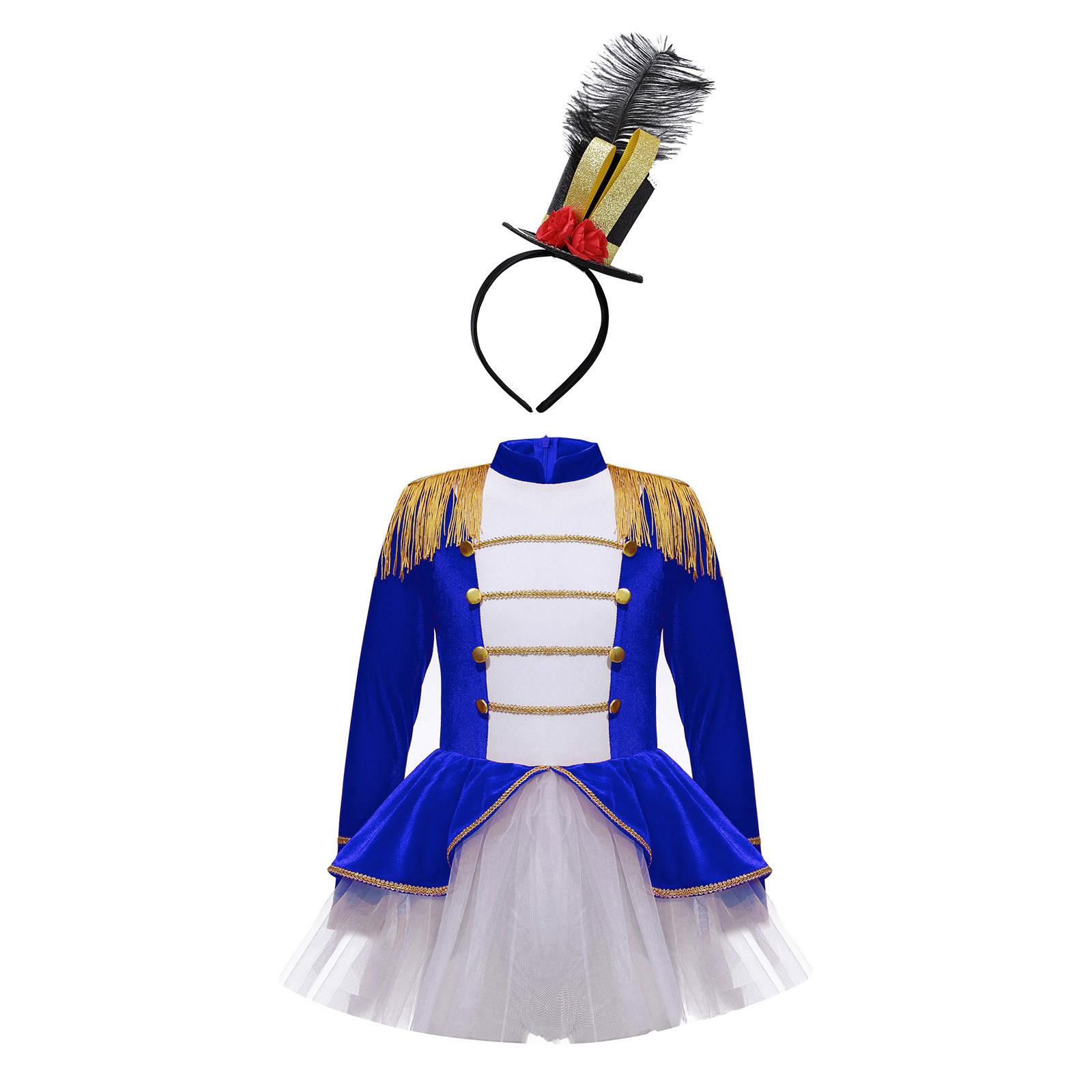 

Girls Ringmaster Circus Costume Set Long Sleeve Tassel Shoulder Tutu Leotard Dress Hat 5-6 Years королівський синій колір