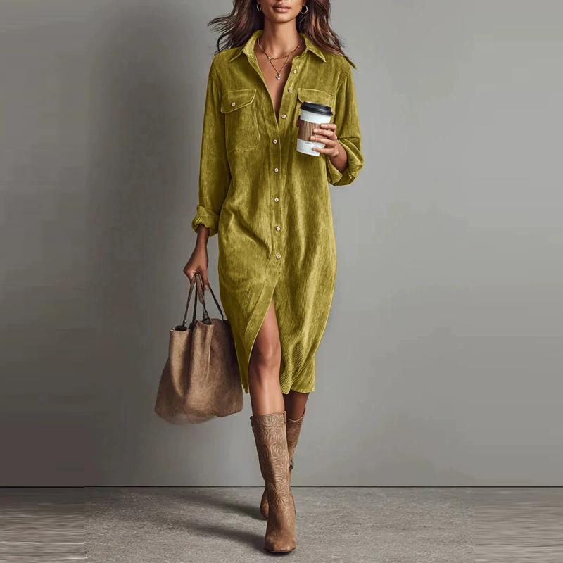 Vintage Women's Dress Spring Summer Office Lady Solid Corduroy Long Sleeve Lapel Shirt Loose Maxi Dresses for Women