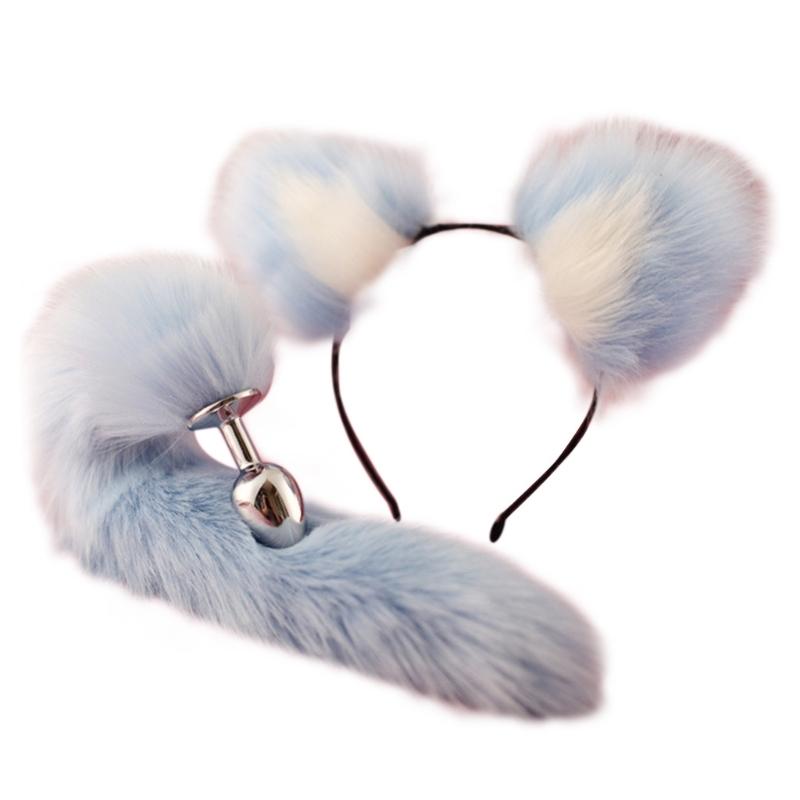 Metal Butt Plug with Fluffy Plush Animal Foxes Tail Ears Headband Set Cosplay Costume Props for Couples Game Sex Toy