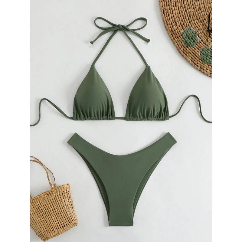 Sexy Solid Halter Lace Up Low Waist Bikini Set Women's 2 Pieces Swimsuit Triangle Thong Swimwear Bathing Suit Brazilian Biquini