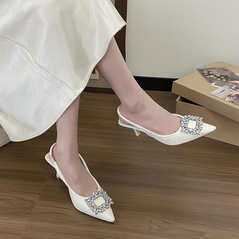 2025 new fairy purple bag head sandals high heels spring and summer pointed shoes thin heel French rhinestone single shoes