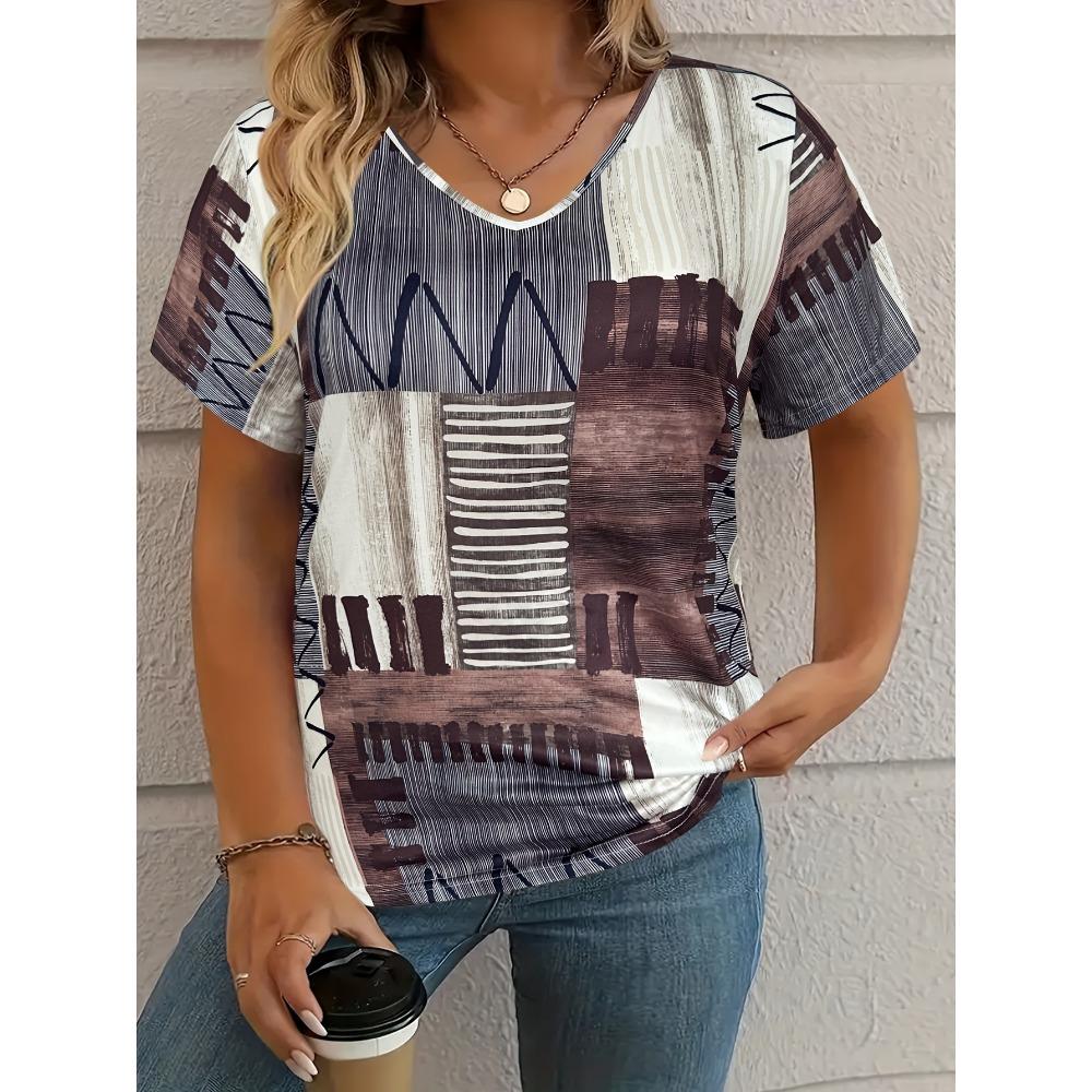 T-shirt Women's Summer Leisure Elegant Simple V-neck Short Sleeve Red Plaid
