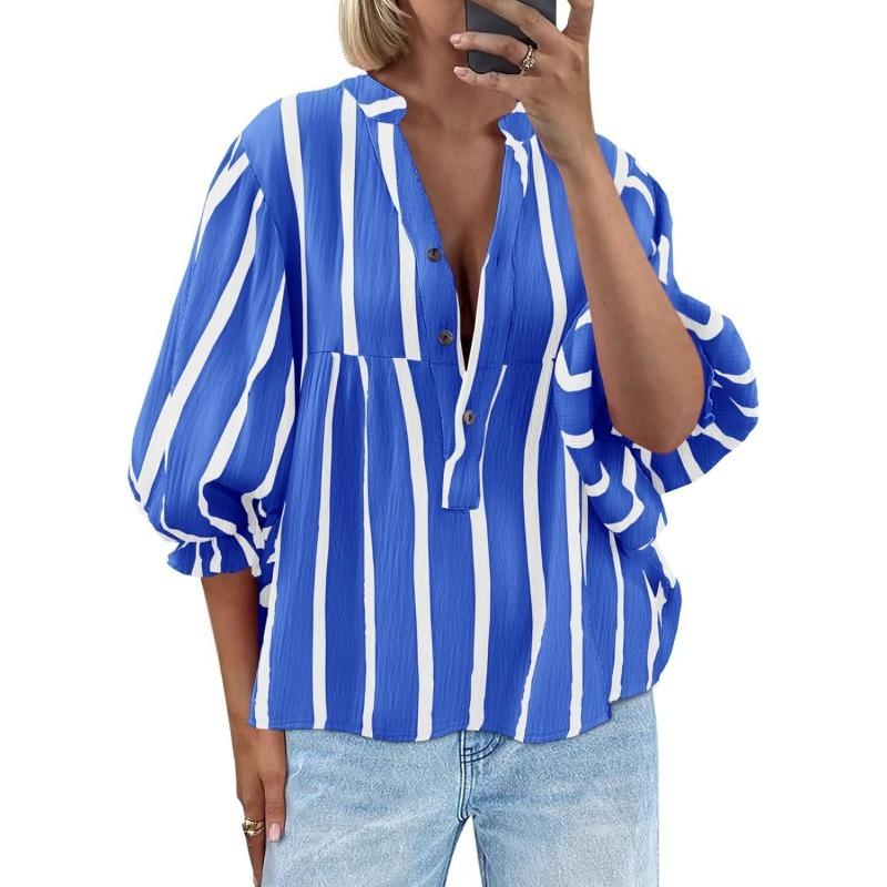 New Summer and Autumn Striped Shirt with Puffed Sleeves and Loose Top for Women