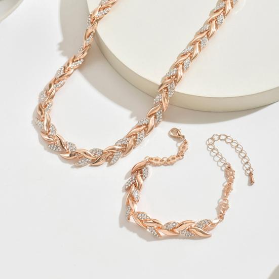 2Pcs/Set Women Jewelry Set Leaves Shape Rhinestone Inlaid Adjustable Length Necklace Bracelet Set Party Wedding Decor