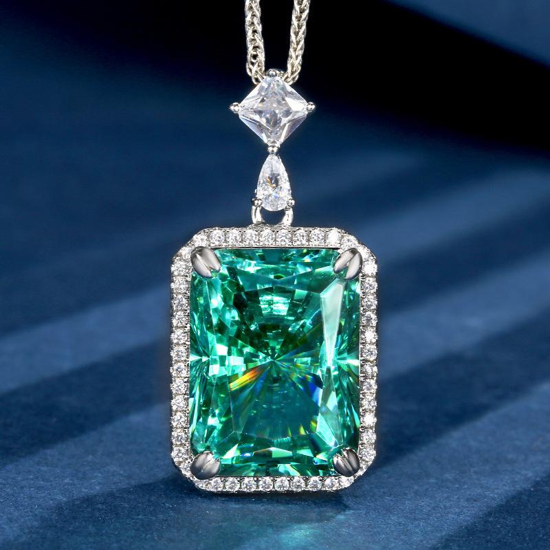15x20mm Paraiba Tourmaline Color Pendant Necklace Square Emerald Cut Green Gemstone Halo Pendant Luxury Party Jewelry for Women