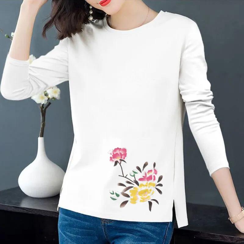 

Весна и осень, хлопковая футболка, женская повседневная рубашка с разрезом, пуловер с принтом пиона, нижняя рубашка с длинными рукавами M белый