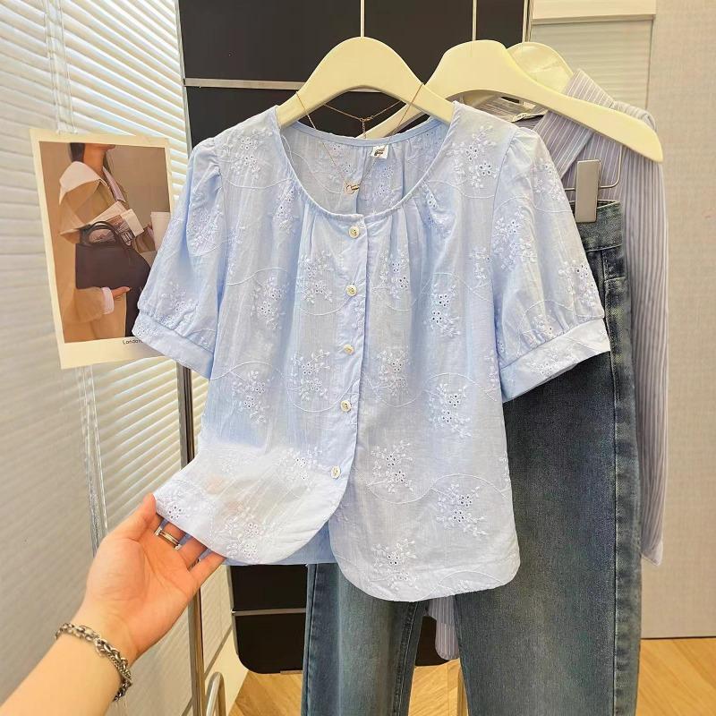 Womens Embroidery Hollow Out Blouse Puff Sleeve Casual Button Up Shirt