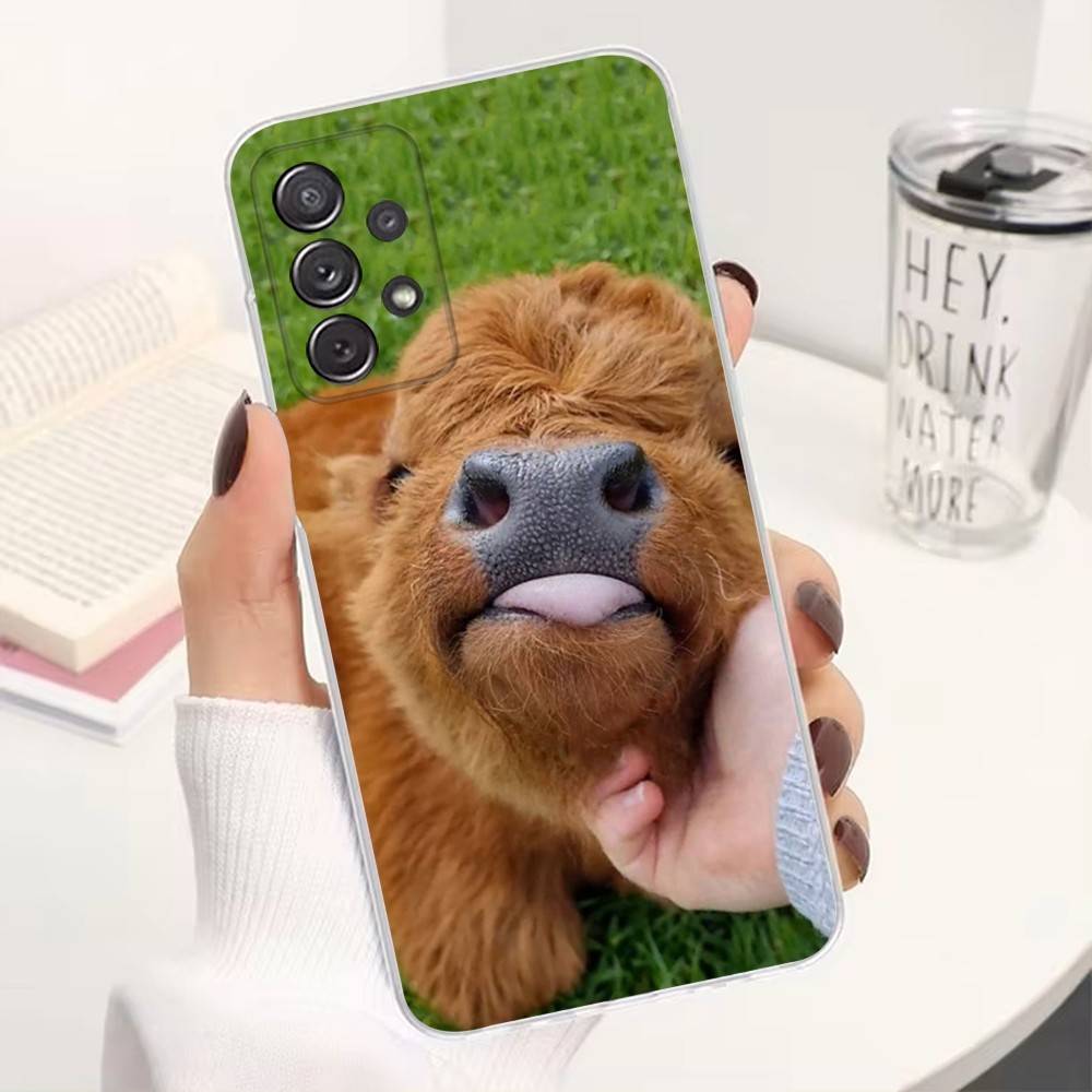 Cute Highland Cow Phone Case For Samsung A51,71,30,S21,10,20,Ultra,FE,Lite, S22,23,9,PIus,Transparent, Silicone
