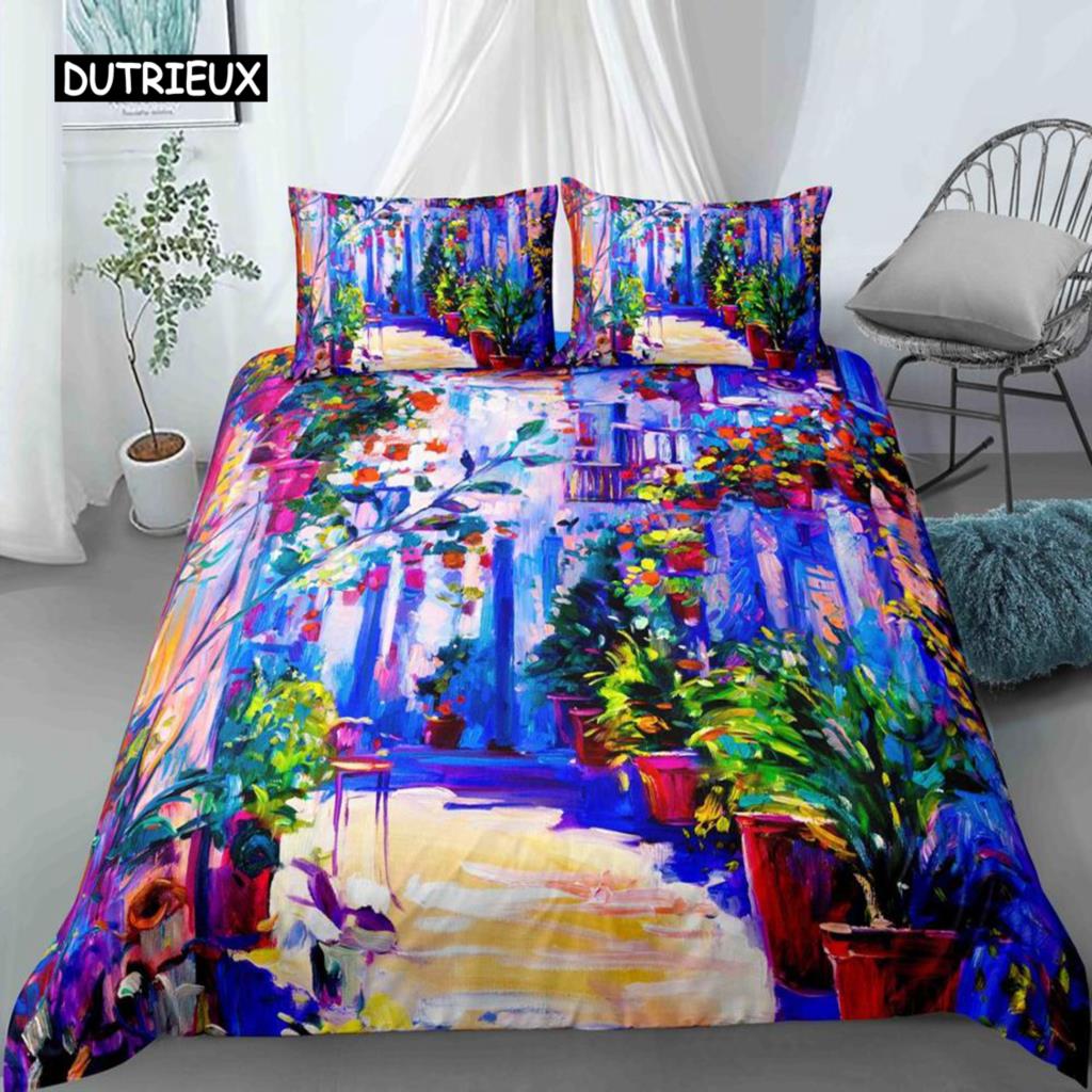 Oil Painting Landscape King Dimension Queen Size Bedspread Cover Natural Scenery Sleep Bedding Collection Teen Adult Floral Ocean Building Heavy-duty