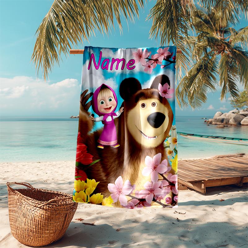 Personalized customized proof beach towel with Masha and the Bear pattern - soft, absorbent,quick-drying,perfect swimming,camping&bathing