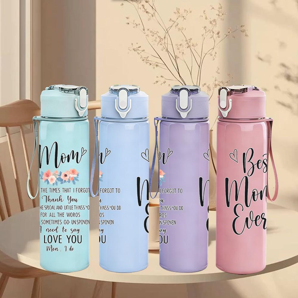 1PC Mom Best Ever Text Quote Print 750ml Color Plastic Sports Water Bottle Leakproof Flip Straw Lid Suitable for Sports Office Home Use