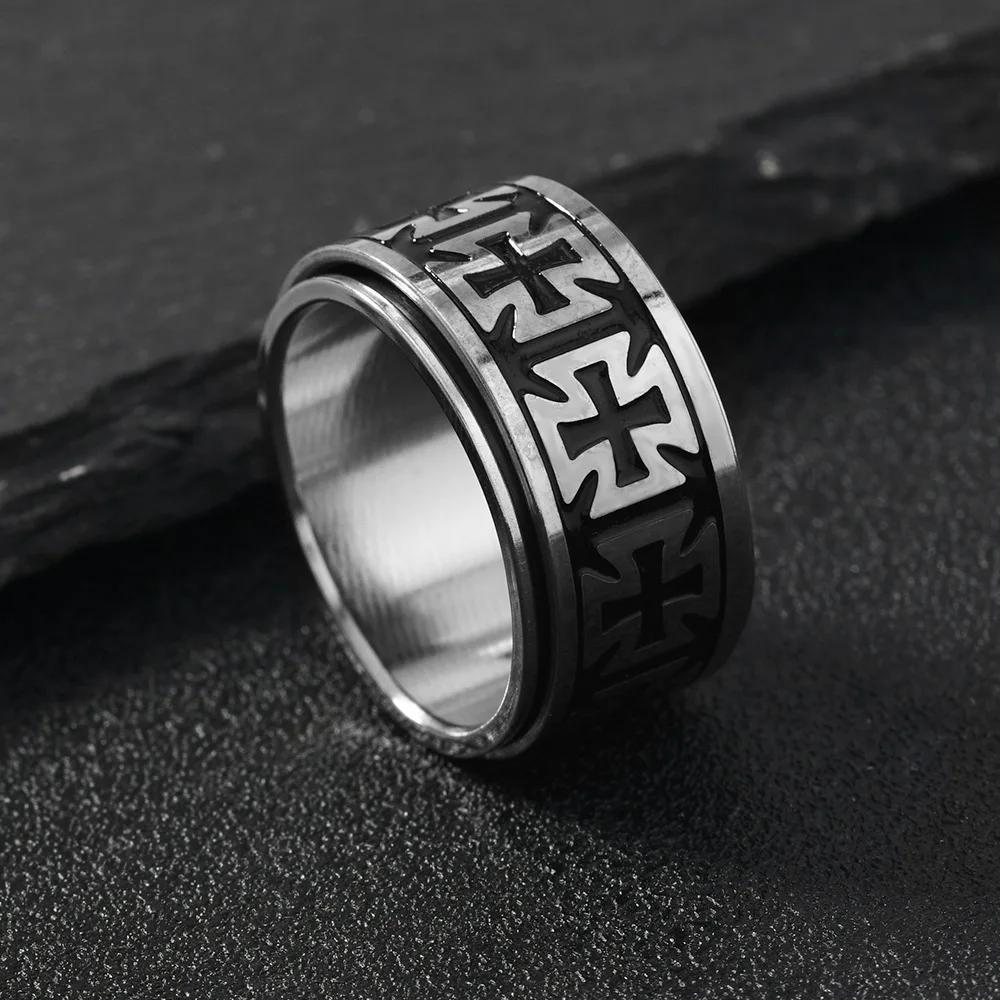 Silver Knight Templar Cross Ring Black Punk Crusader Band for Men Gothic Promise Jewelry