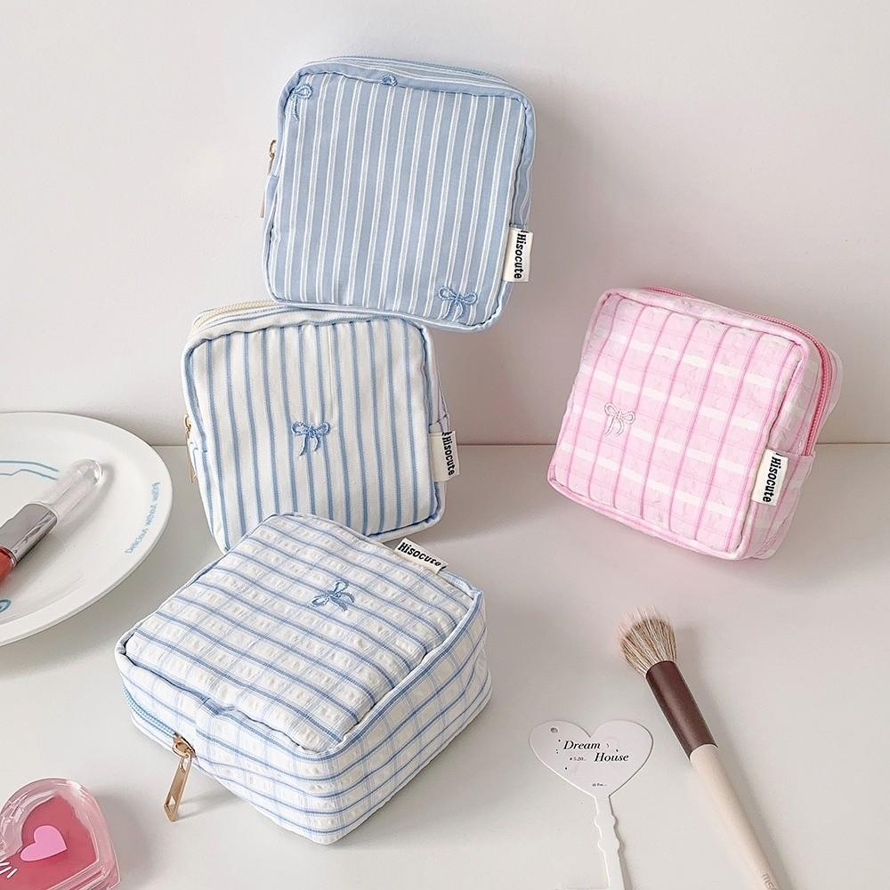 Korean Style Cloth Bow Cosmetic Bag Bow Striped Grid Pattern Portable Beauty Case Vacation Travel