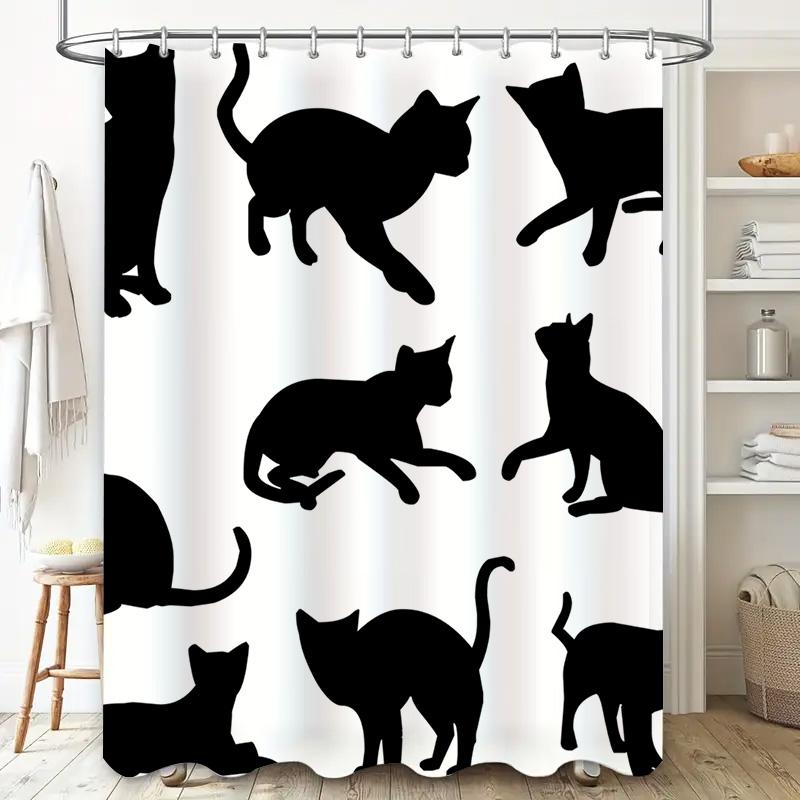 Animal Print Shower Curtains Set Polyester Waterproof Black Cats Silhouette Bathroom Decor Customizable Lengths