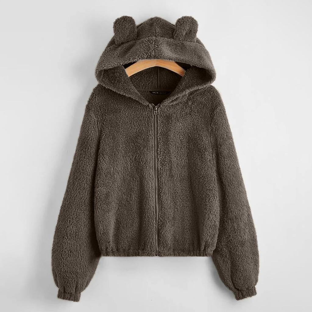 Women's Crew Neck Long Sleeve Hoodie Loose Fit Elegant Style Jacket Color Block Fuzzy Zip Up Casual Top