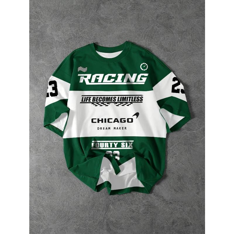 Pánské tričko s kostkovaným vzorem vlajky s tématem závodění a potiskem písmen, tričko s kulatým výstřihem a krátkým rukávem, letní venkovní móda