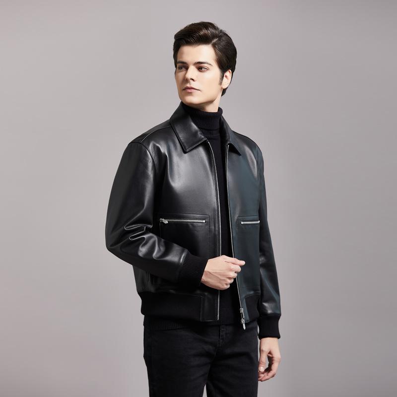 Genuine leather jacket for men, first-layer cowhide men, middle-aged and elderly business casual leather jackets, dad wear lapel down jackets