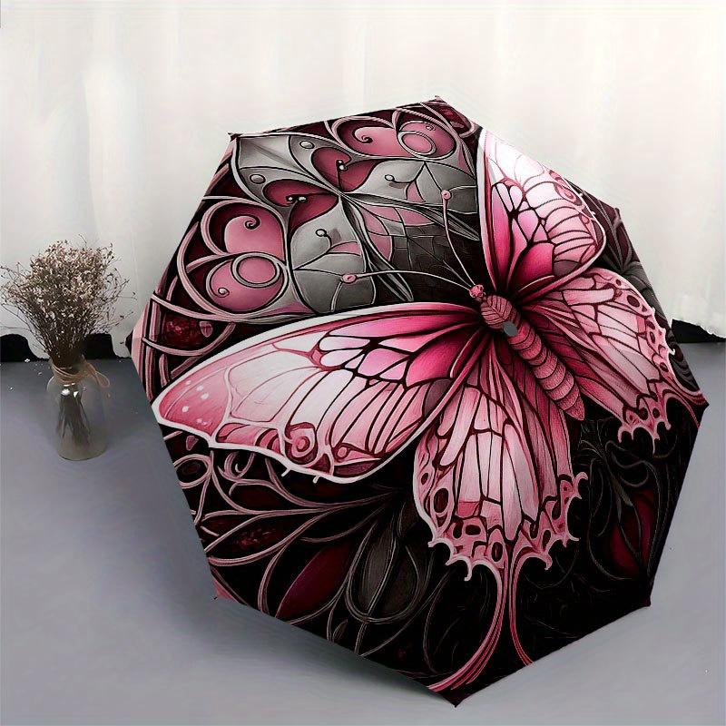 Stunning Pink Butterfly Stained Cute Wall Art Umbrella, Cute Umbrella with Cute Design, Portable 3-Fold Compact Umbrella for Men & Women, Valentine's