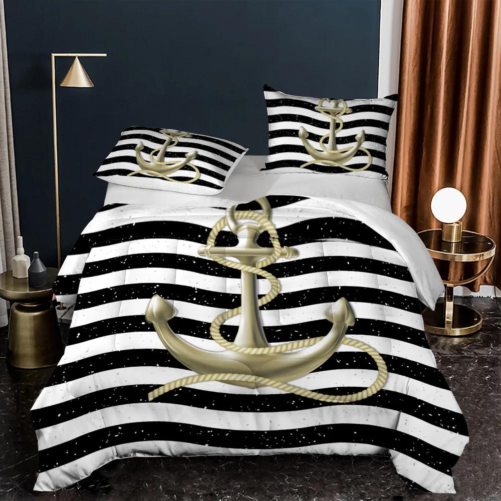 Comforter Anchor Nautical Steamboat Bedding Set Ocean Coastal Theme Blue And White Strip For Kids Adults King Size
