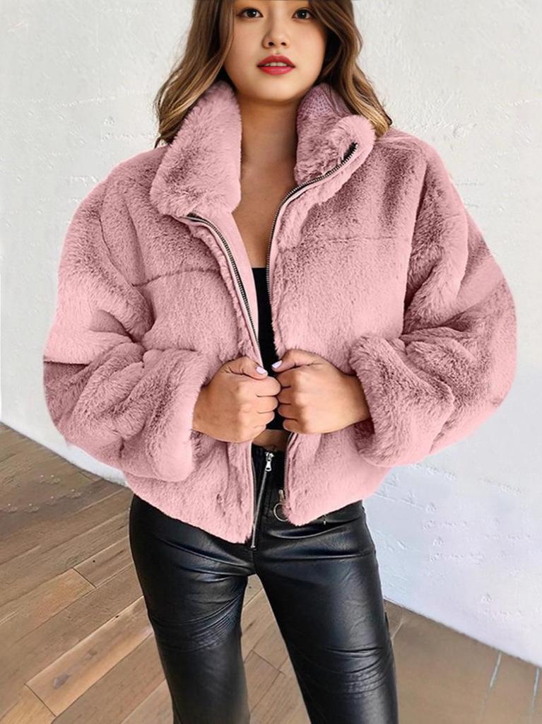 2025 European & American Women's Plush Faux Fur Zipper Cardigan Coat for Autumn & Winter