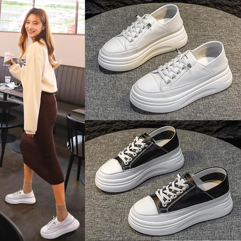 Thick-soled Little White Shoes for Women's 2025 Spring New Models, One Pedal Inner Height Increase, Shallow Mouth Soft Leather, Two Wear Lightweight B