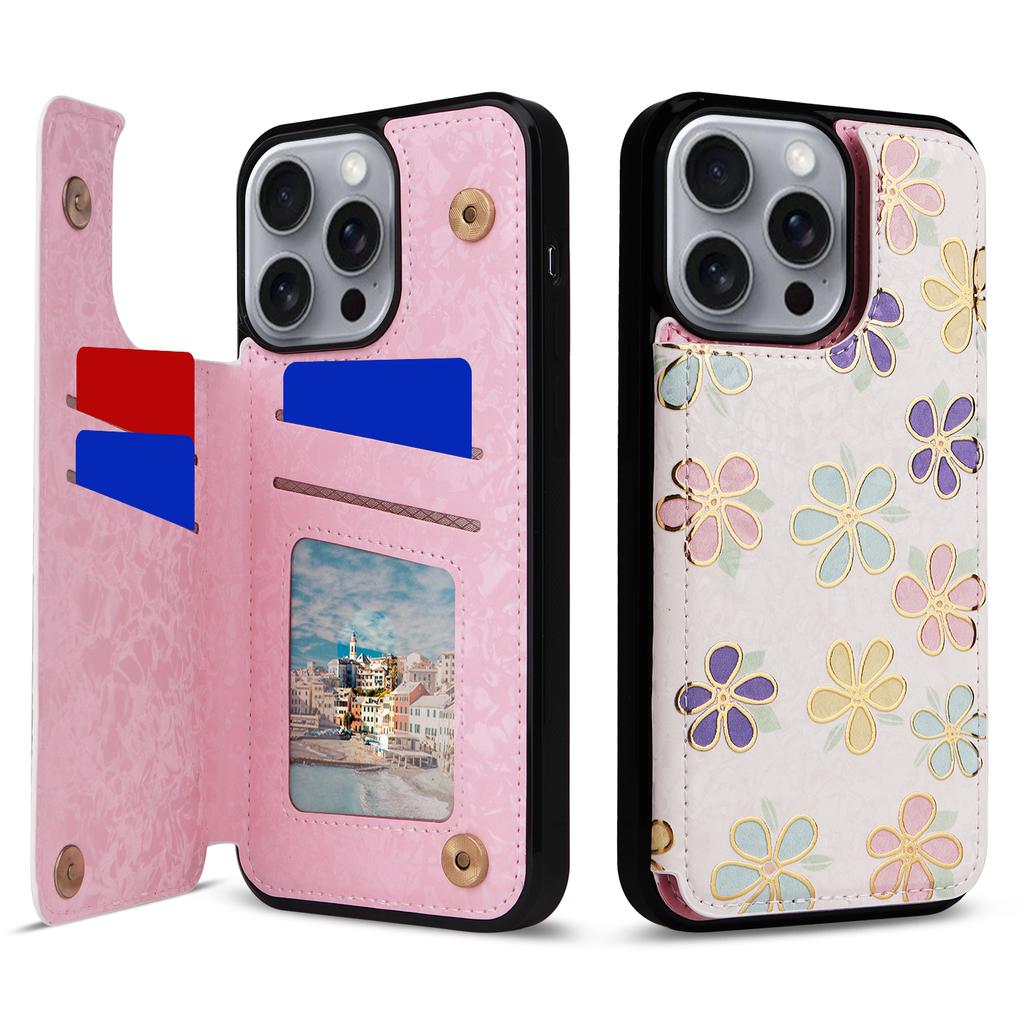 For iPhone 16 Pro Max Case Flower Leather+TPU RFID Blocking Phone Cover Card Slots