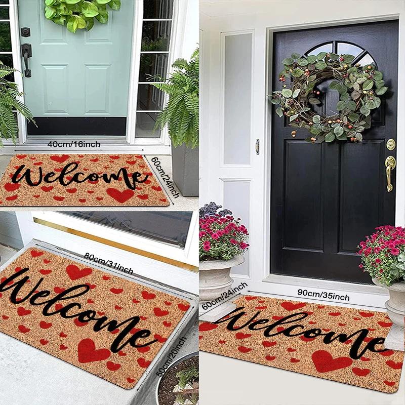1pcs Entrance Mat, Welcome Home - Heart Elements Pattern Printed Carpet, Polyester Non-slip Floor Mat, Entrance Mat, Carpet