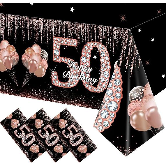 Eiurteao 3Pcs 50th Birthday Tablecloth Decorations for Women, Rose Gold Happy 50 Birthday Theme Table Cover Party Supplies, Black Rose Gold Fifty