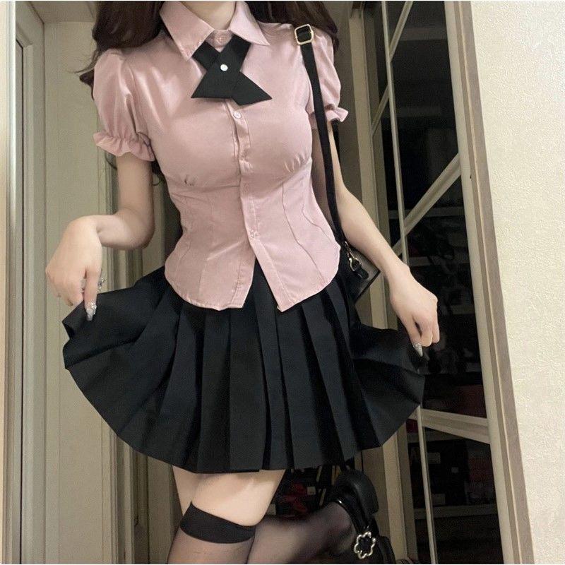 Damen Taillenformendes JK-Stil Hemd mit Puffärmeln & High-Waist Flauschiger Rock Set