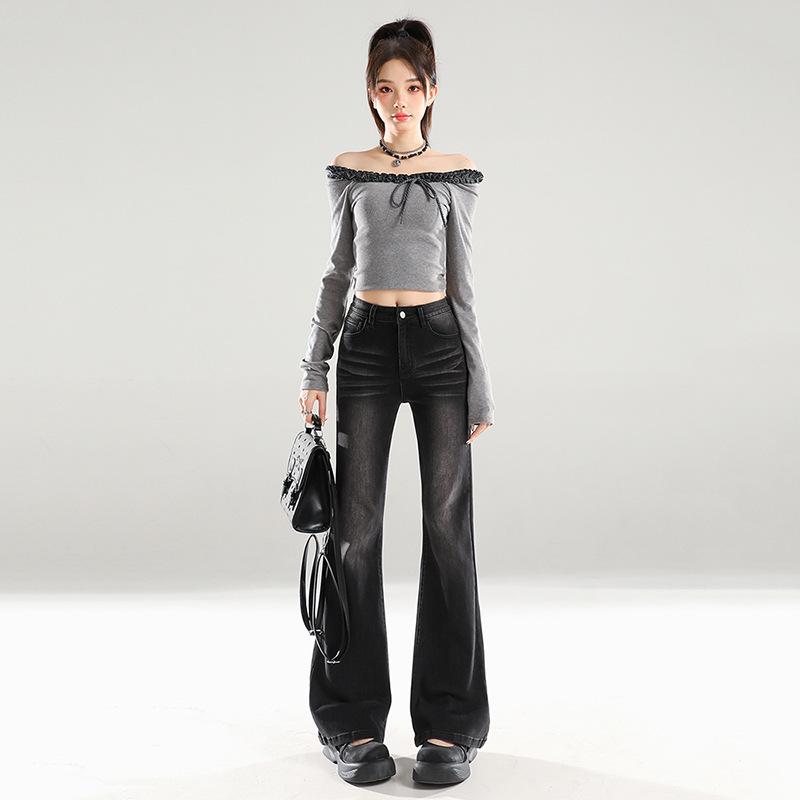 American Retro Mid-Waist Micro-Flare Jeans for Women - 2025 Autumn, Loose Fit, Crease Design