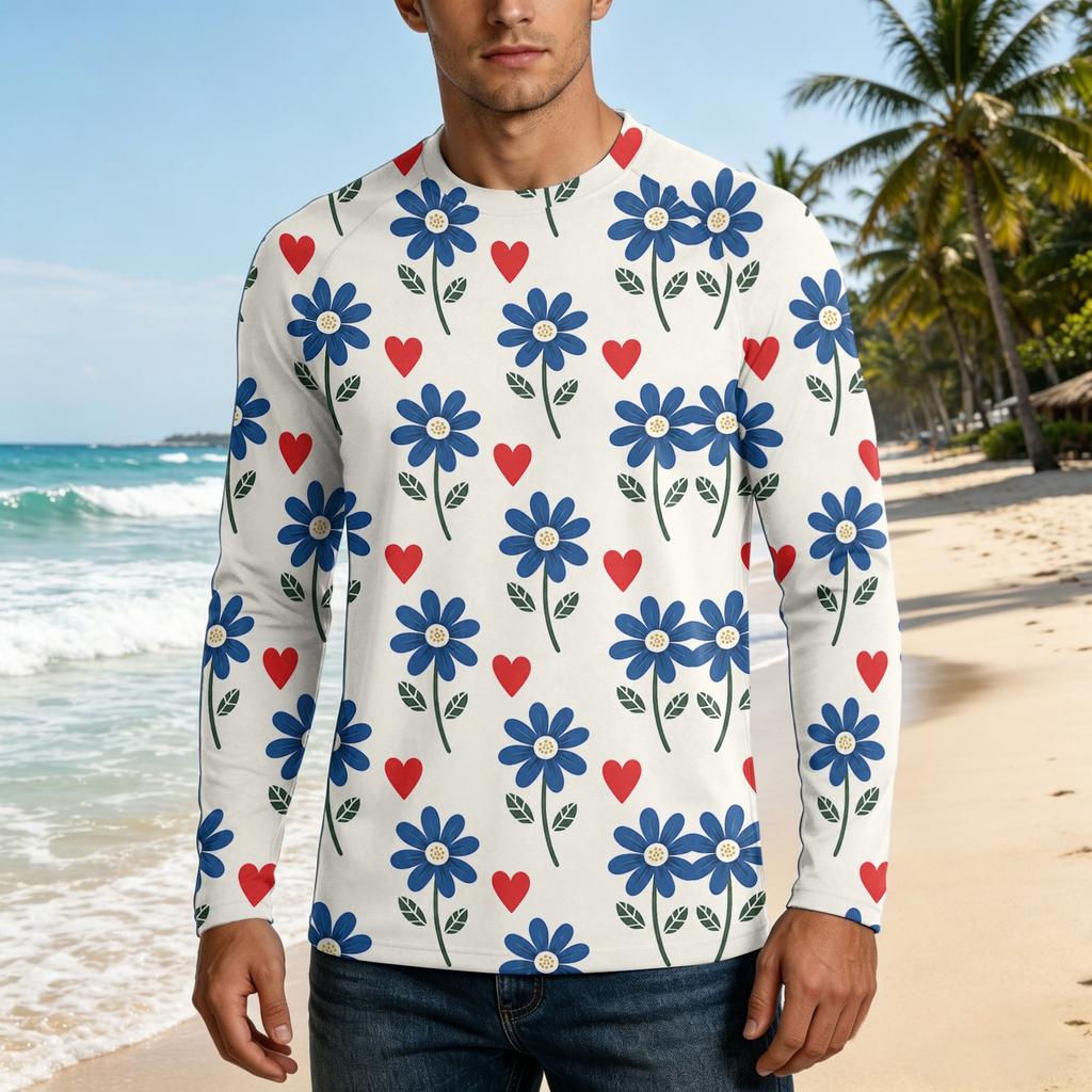 Men Long Sleeve UPF50 Plus Sun Protection Shirt UV Blocking Outdoor Sports Fishing Casual Top Floral Print Lightweight Fabric