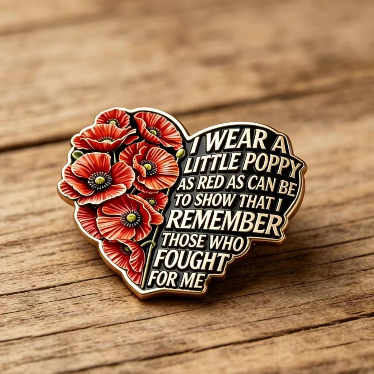 Unisex Remembrance Day Red Poppy Heart Brooch Badge