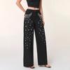 Women's High Waist Straight Leg Jeans Loose Fit Rhinestone Pearl Beaded Non Stretch Denim Pants Elegant Fall Wash Wide Leg Trousers