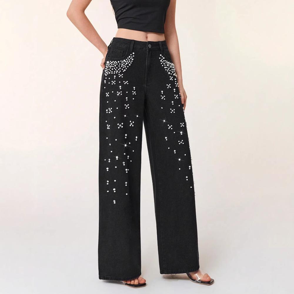 Women's High Waist Straight Leg Jeans Loose Fit Rhinestone Pearl Beaded Non Stretch Denim Pants Elegant Fall Wash Wide Leg Trousers