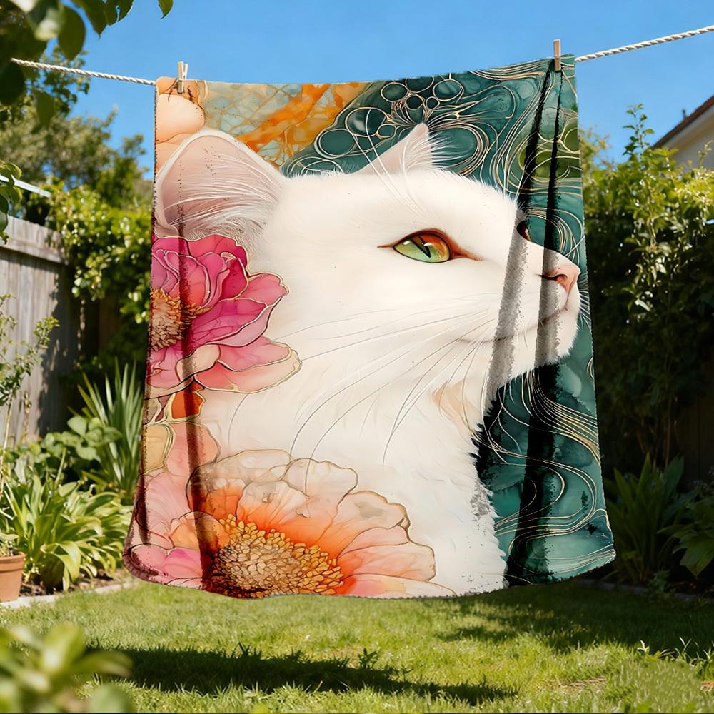 1pc Cat Flowers Outdoor Blanket Soft Flannel Cozy for Travel & Camping All Season 80x120cm