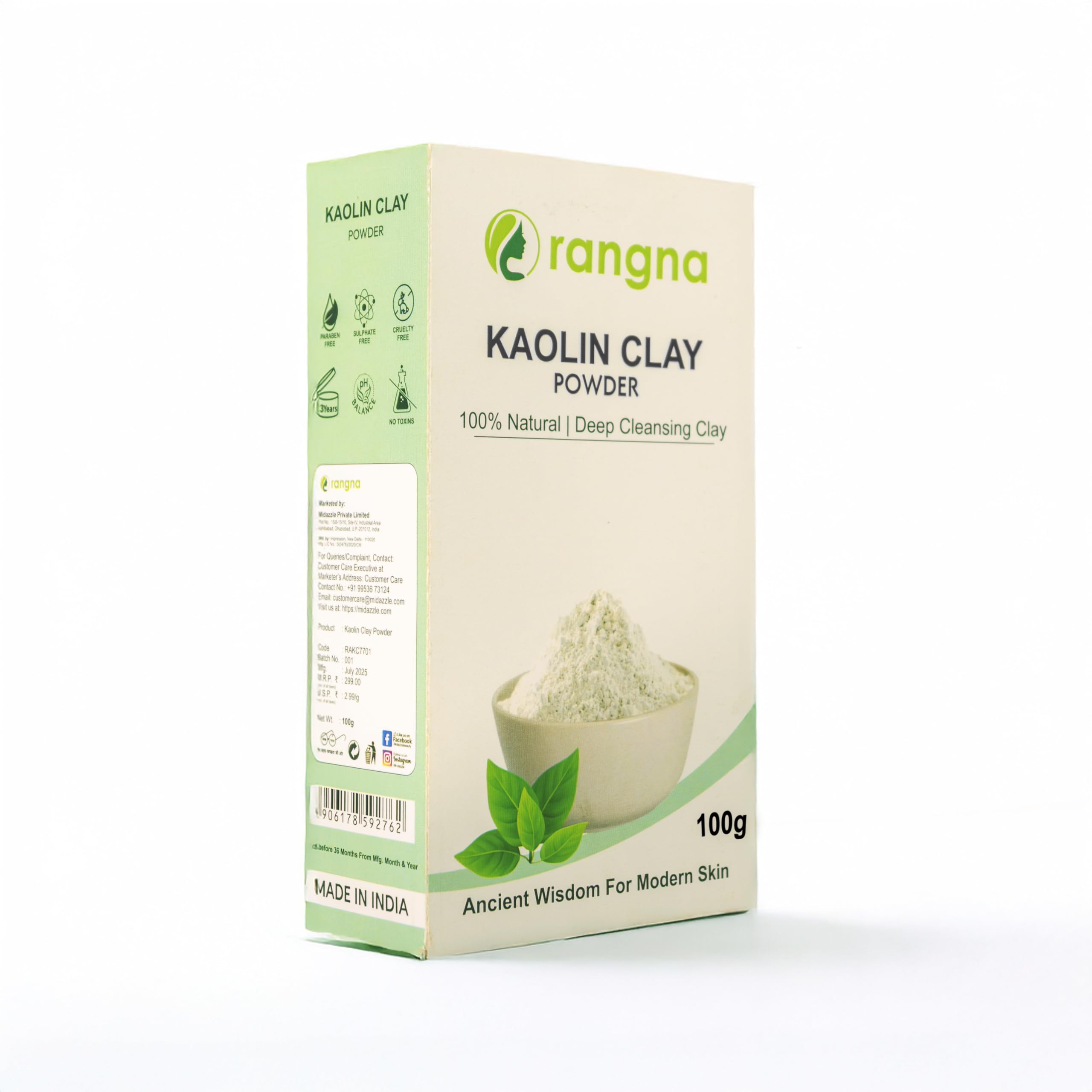 Rangna Natural Kaolin Clay Powder | China clay - For Acne, Blackheads And For Glowing Skin 100g
