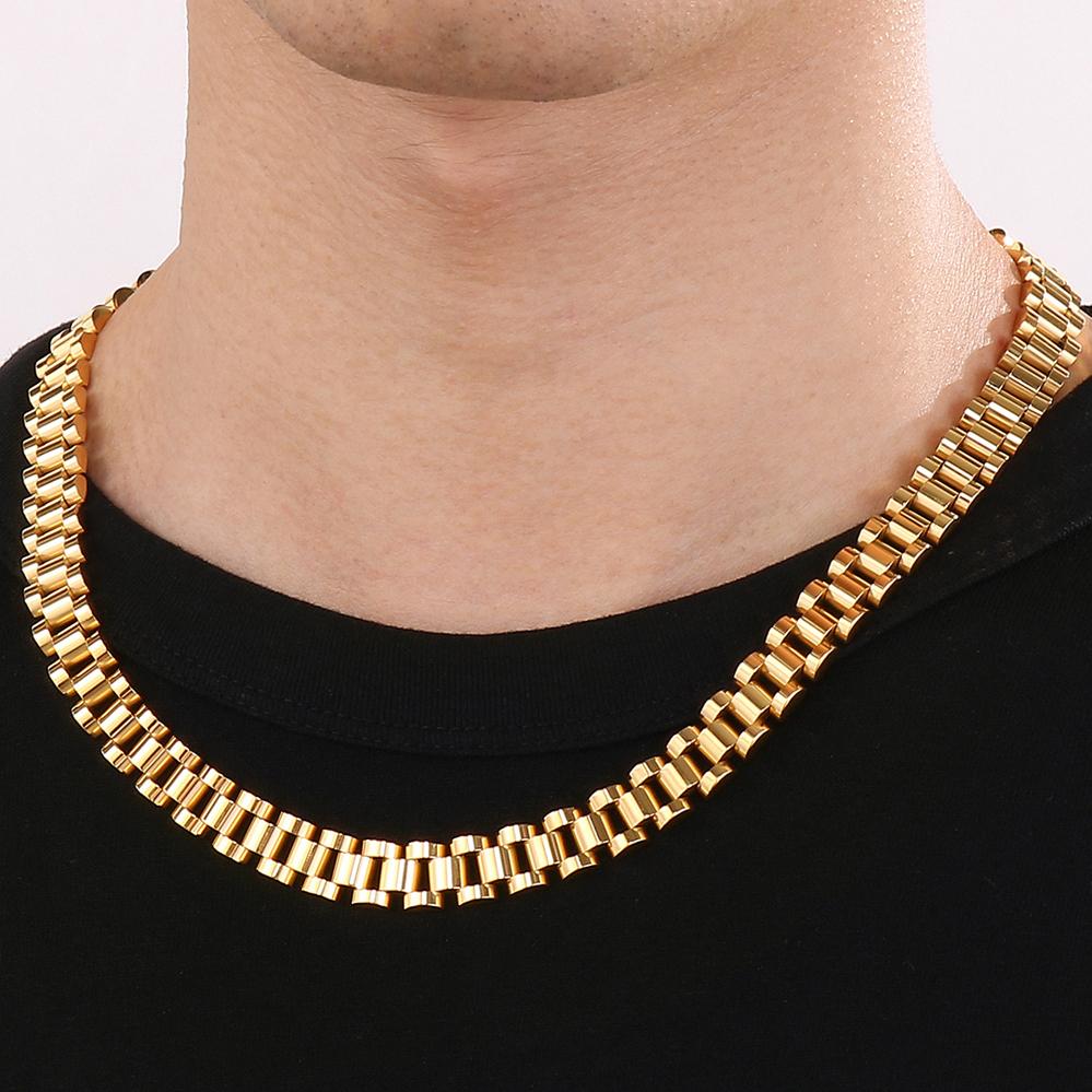 60CM 10MM Watch Strap Chain Style Necklace For Men Women Gold Color Stainless Steel Choker Necklaces Jewellery Accessories