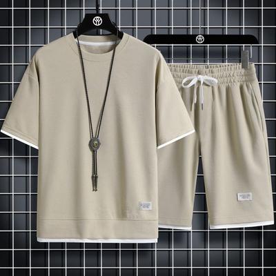 Summer Men's Waffle Sets Casual T-Shirt and Shorts Set Male Sports Suit Solid Color Tracksuit Loose Suits Size
