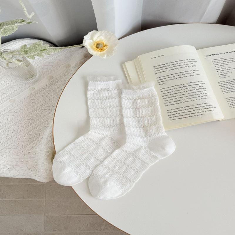 Women's Japanese-Style Lace Trim Mulberry Silk Socks - Sweet, Thin, Mid-Calf, Seamless, Hollow Design for Spring/Summer.
