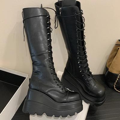 Mode Wigvormige Hakken Middenhoge Laarzen Dames Gothic Stijl Dikke Zool Motorrijder Ridderlaarzen Slanke Hoge Platform Cowboylaarzen