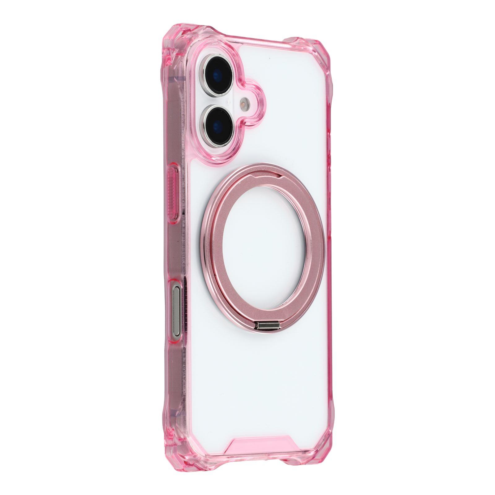 

For iPhone 16 Magnetic Case Ring Kickstand TPU+PC Phone Cover Pink