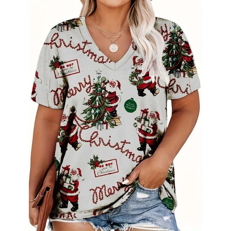Summer Ladies Christmas 3D Printed V-Neck T-Shirt Fashion Versatile Trend Breathable Casual