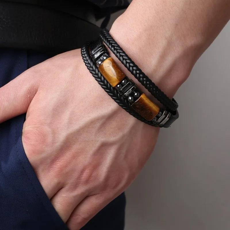 Tiger Eye Black Leather Bracelet Men Natural Gemstone Crystal Stone Jewelry Handmade Courage Stress Relief Protection Bracelet
