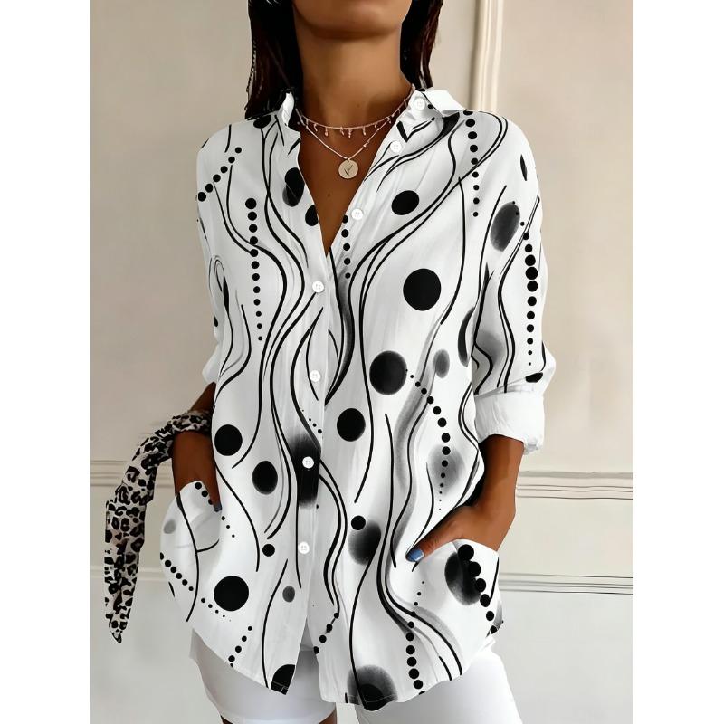 Women's Long Sleeve Abstract Wave Print Button Down Casual Shirt Elegant Daily Blouse Tops in White Blue for Spring Summer