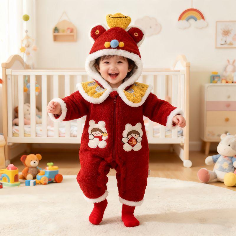 New Year's Greeting Outfit for Babies 2025 New Winter Style for Infants Aged One Week Old, Red One-Piece Romper for Baby Girls