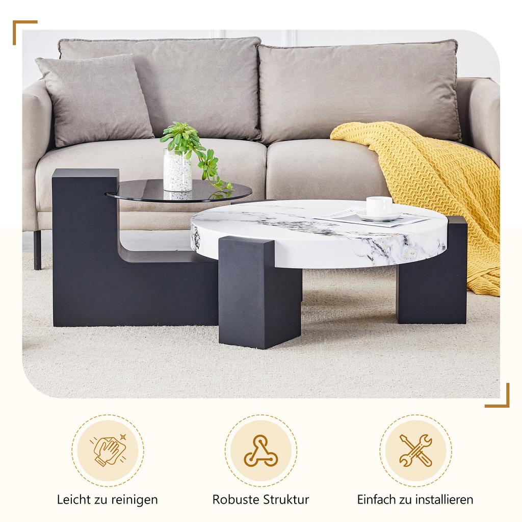 Modern Round Side Table, Two Levels, Grey Glass Plate, Black MDF, L-shape. White Marble-look Tabletop. Disassemblable Design, Flexible Space Use.