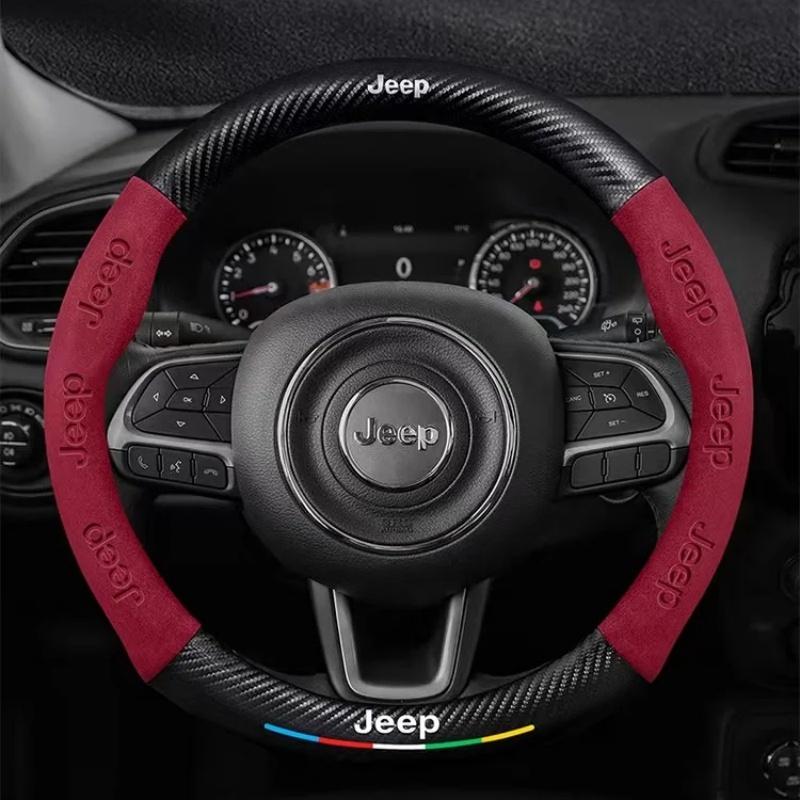 AQI1  Carbon Fiber Suede Car Steering Wheel Cover Anti Slip Car Interior Accessories For Jeep Wrangler Grand Cherokee Compass Renegade