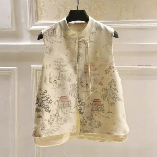 Dámský čínský zenový oblek Tang vyšívaná vrstvená vesta na jaro a léto