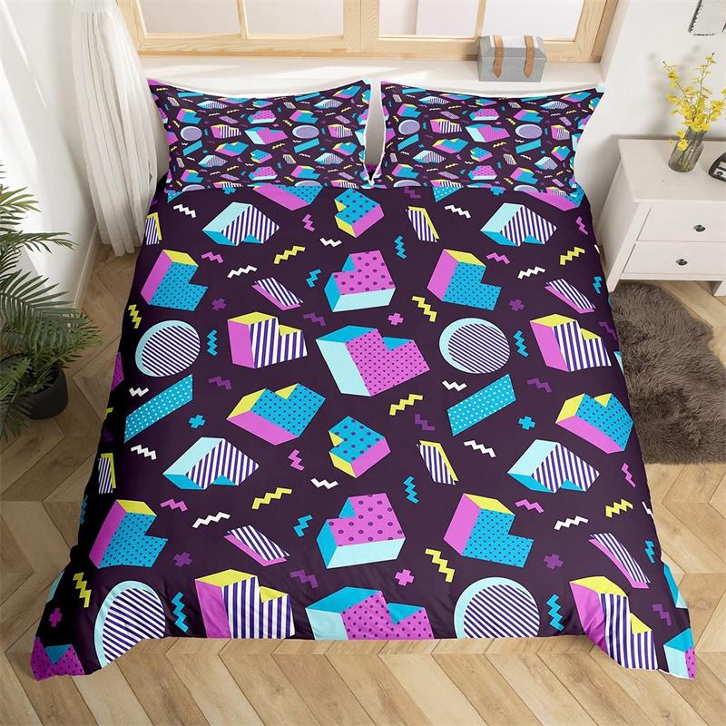 Psychedelic 3D Geometric Duvet Cover Microfiber Colorful Pop Abstract Art Comforter Cover Retro 80s Style Bedding Set Queen Size