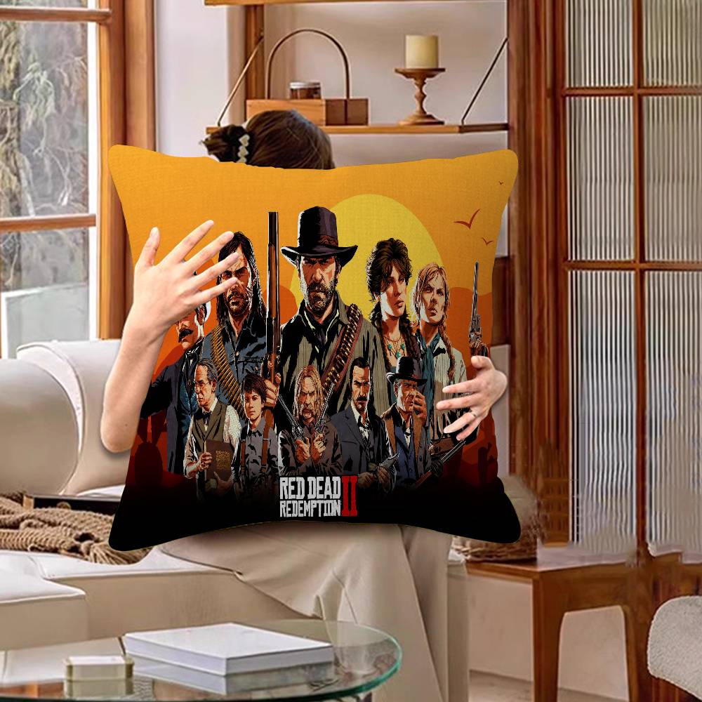 Funda de Almohada para TV de Juego Red-Dead-Redemption 2 Dibujos Animados Decorativa para Sofá del Hogar Impresión a Doble Cara Felpa Corta Funda de Cojín Linda